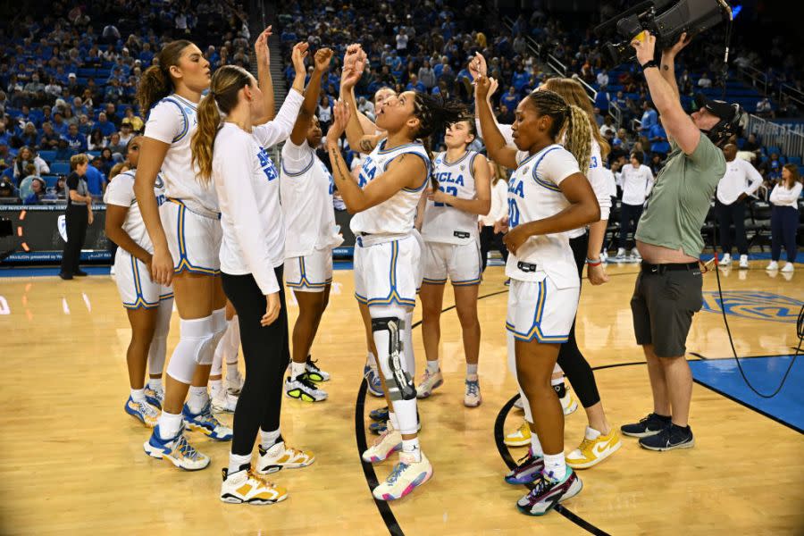 LOS ANGELES, CALIFORNIA – MARCH 25: The UCLA Bruins cheer while ending a huddle before the game against the Creighton Bluejays during the second round of the 2024 NCAA Women’s Basketball Tournament held at UCLA Pauley Pavilion on March 25, 2024 in Los Angeles, California. (Photo by John W. McDonough/NCAA Photos via Getty Images)