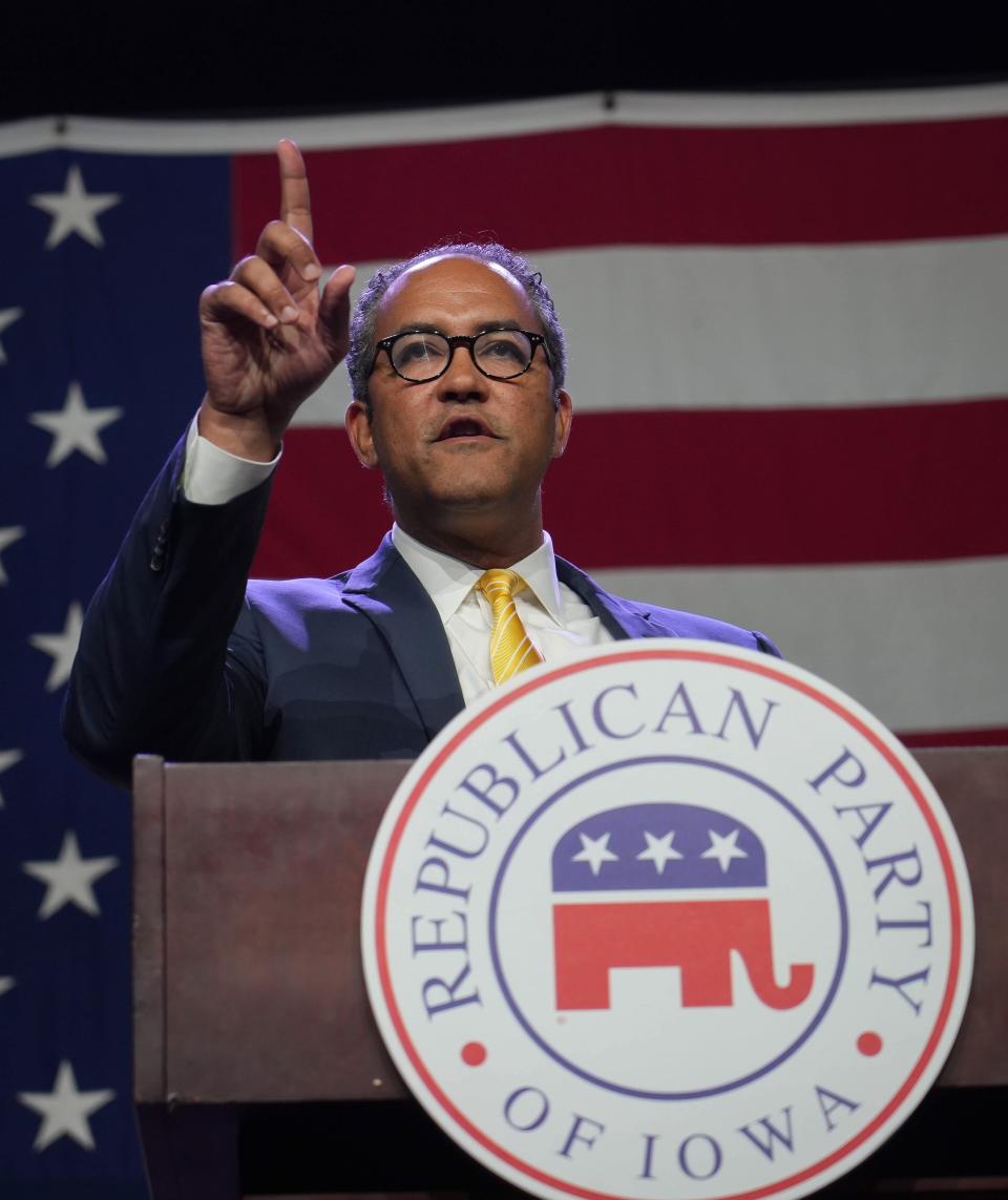 Republican presidential candidate hopeful Will Hurd speaks during the Lincoln Dinner on Friday, July 28, 2023, at the Iowa Events Center in Des Moines. Hurd drew boos from the crowd after making comments against former President Donald Trump, sho spoke at the event shortly after.