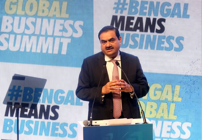 Indian billionaire Gautam Adani addresses delegates during the Bengal Global Business Summit in Kolkata