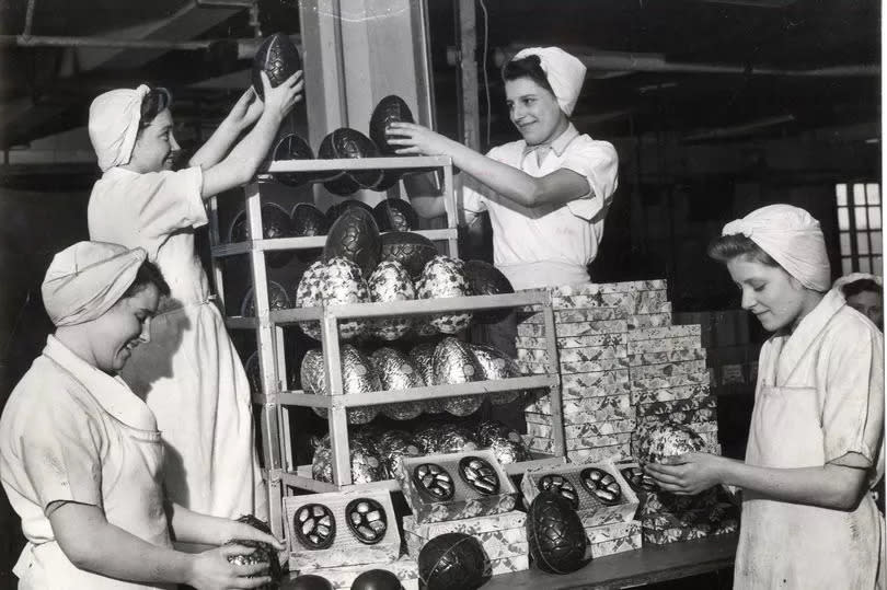 Staff at the Needler’s factory are seen in March 1950 packing Easter Eggs. Production began three months earlier.