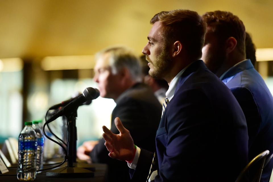 Wake Forest Demon Deacons linebacker Luke Masterson speaks during a press conference ahead of tomorrow's 2021 TaxSlayer Gator Bowl Thursday, Dec. 30, 2012 at TIAA Bank Field in Jacksonville. The 20th-ranked Wake Forest Demon Deacons from Winston-Salem, N.C. play the Rutgers Scarlett Knights from Piscataway, N.J. The 23rd-ranked Texas A&M Aggies were slated to play but backed out due to a Covid-19 outbreak within the program. [Corey Perrine/Florida Times-Union]