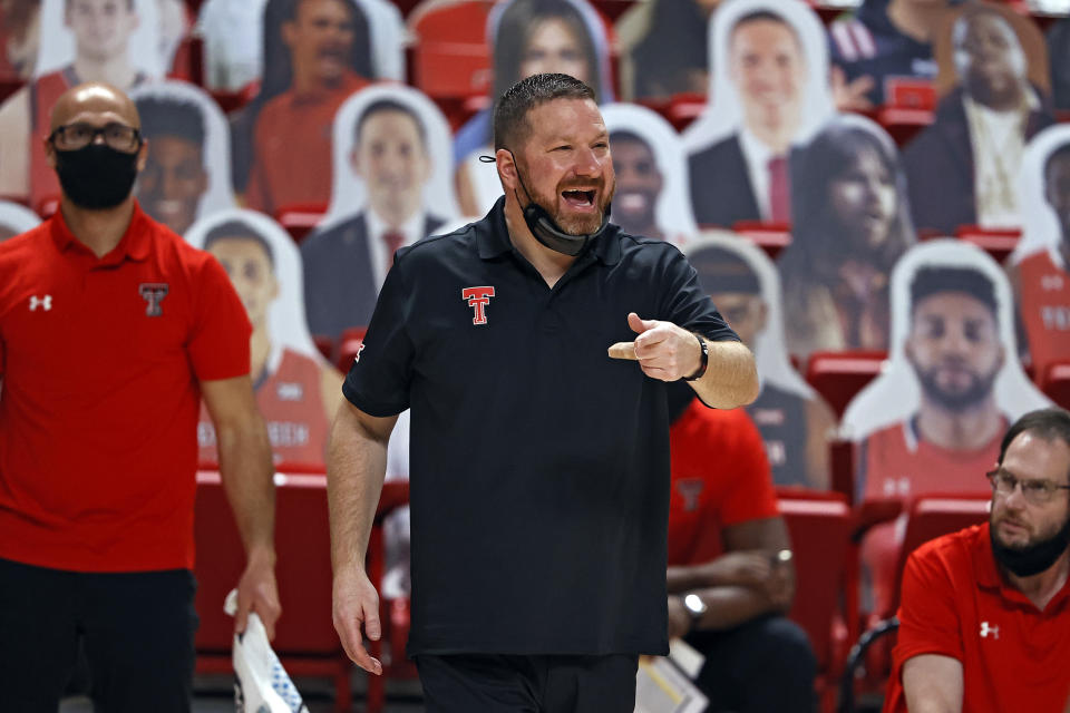 Texas Tech coach Chris Beard shouts to players during the second half of the team's NCAA college basketball game Tuesday, Dec. 29, 2020, in Lubbock, Texas. (AP Photo/Brad Tollefson)