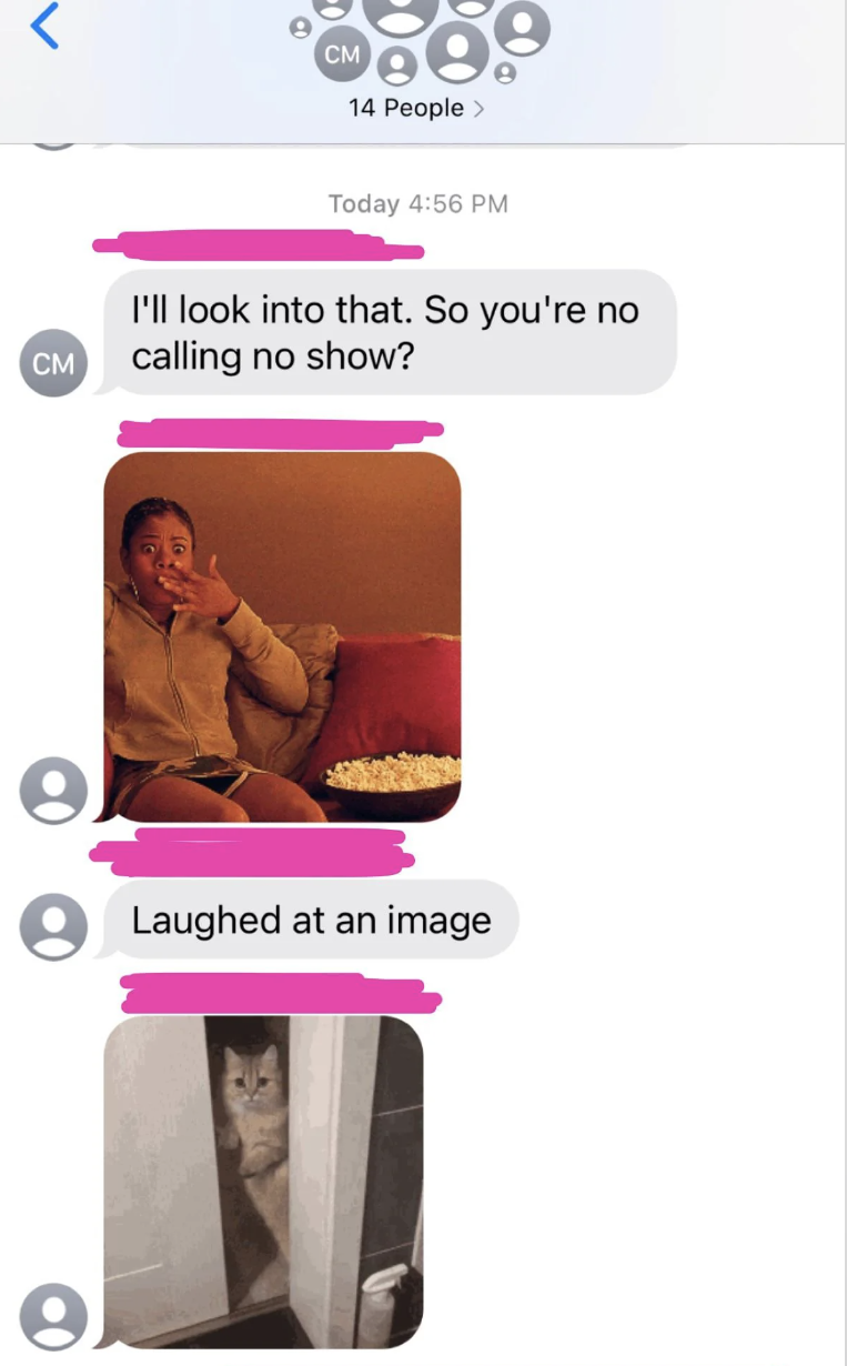 A text conversation among friends. One message with a photo of a woman on a couch giving a thumbs up and another message with a photo of a cat peeking out from behind a door
