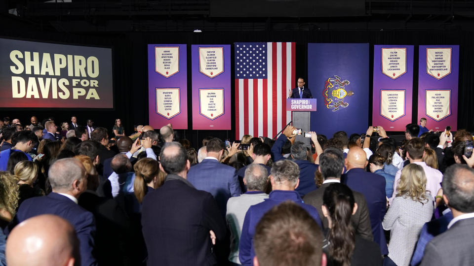 Pennsylvania Democratic gubernatorial candidate Josh Shapiro, the state's attorney general, attends an election night event, Tuesday, Nov. 8, 2022, in Oaks, Pa. (AP Photo/Matt Slocum)