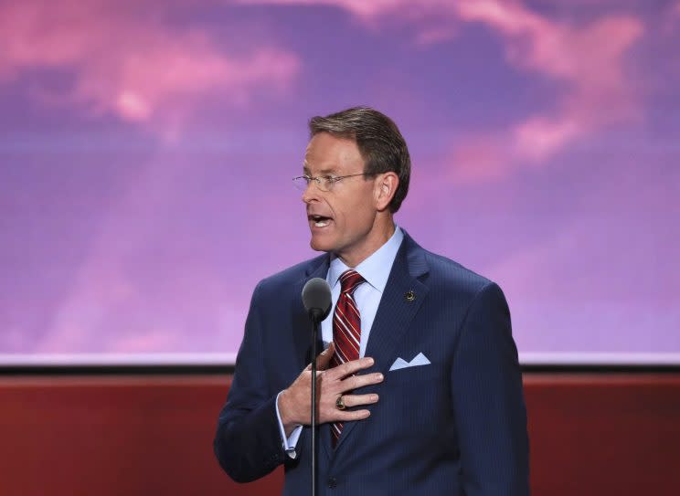 Tony Perkins of the Family Research Council leads the U.S. Pledge of Allegiance at the Republican National Convention in Cleveland. (Photo: Mike Segar/Reuters)