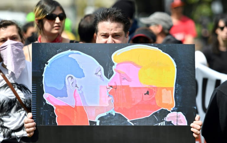 A protester in Berkeley, California on April 15, 2017. US President Donald Trump has denied allegations his campaign colluded with Vladimir Putin's Russian agents