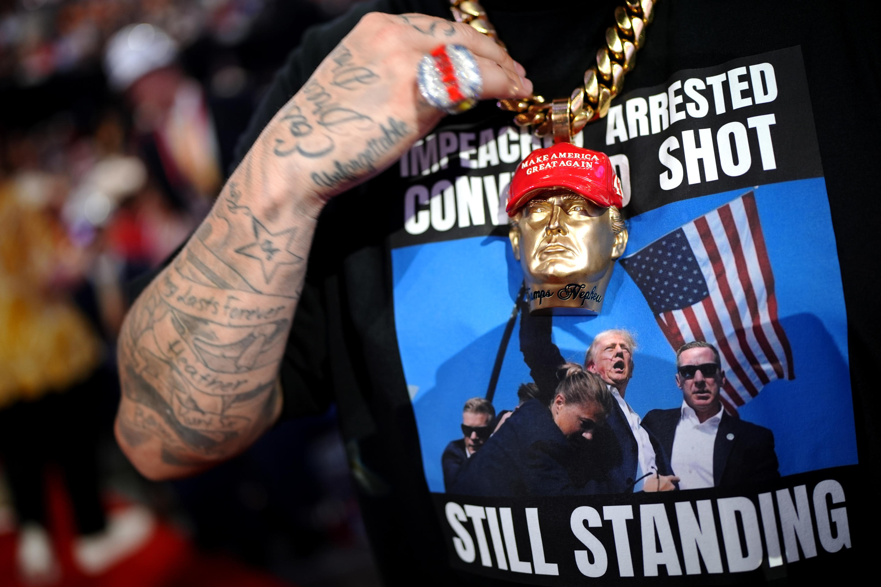 Rapper Forgiato Blow attends the first day of the Republican National Convention at the Fiserv Forum in Milwaukee on Monday. 