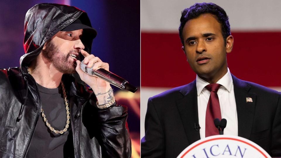 PHOTO: Eminem performs during the 37th Annual Rock & Roll Hall of Fame Induction Ceremony on Nov. 5, 2022 in Los Angeles; and Republican candidate for president Ramaswamy speaks during the Republican Party of Iowa 2023 in Des Moines, Iowa, July 28, 2023. (Theo Wargo/Getty Images and Rebecca Gratz for The Washington Post/Getty Images)