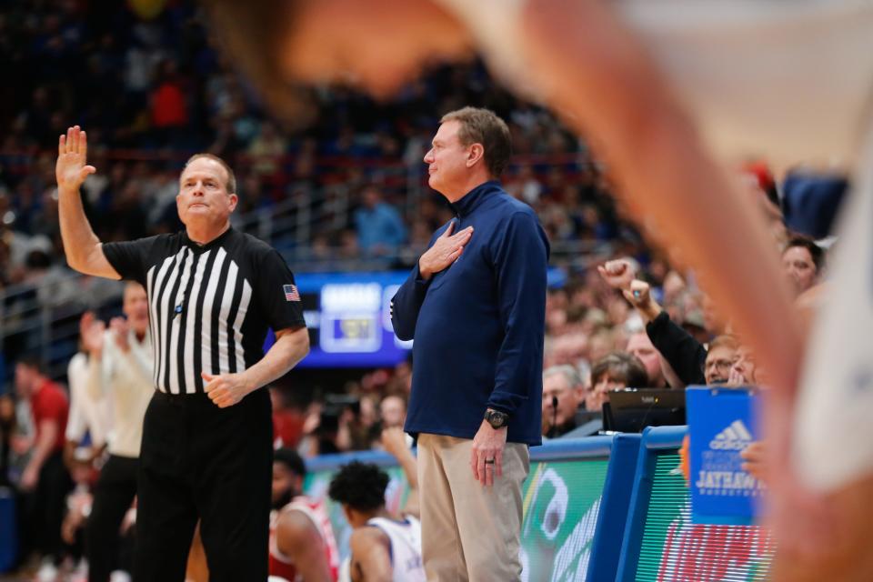 Kansas men's basketball head coach Bill Self reacts to a play during the second half of a game against Oklahoma on Jan. 13, 2024 inside Allen Fieldhouse.