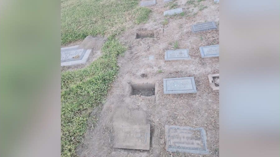Gravesites were destroyed by vandals at Pioneer Memorial Cemetery in San Bernardino. (Medrano Family)