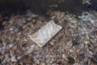 <p>A tombstone lies submerged at the water’s edge in the “Uppards” part of Tangier Island, Virginia, Aug. 2, 2017. (Photo: Adrees Latif/Reuters) </p>