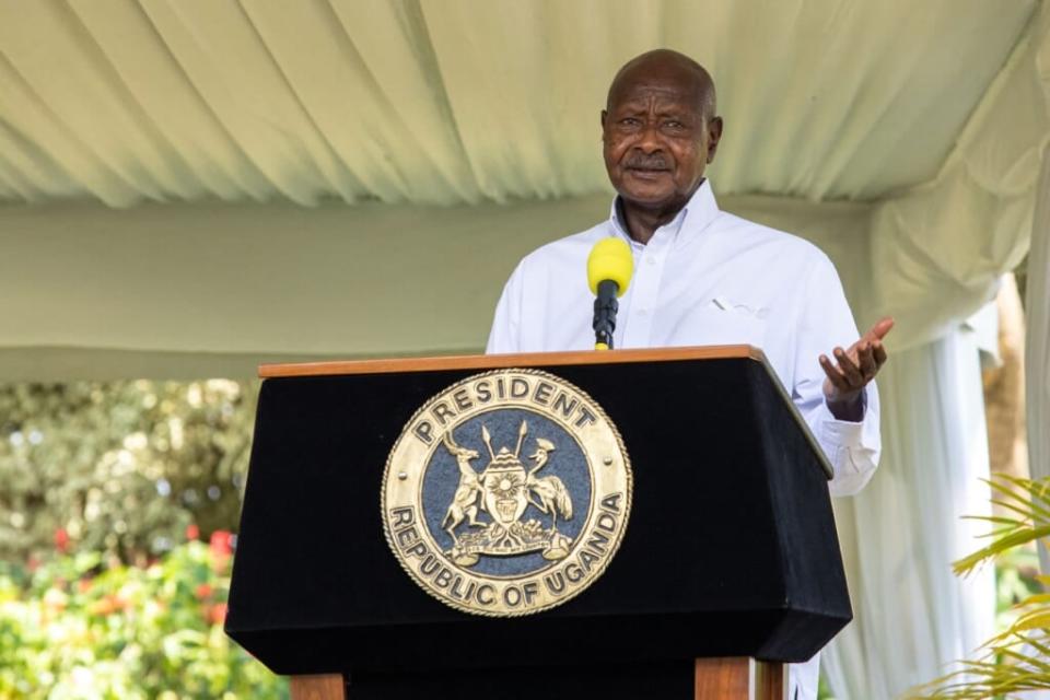 Uganda’s President Yoweri Museveni speaks during a joint press conference with Russia’s Foreign Minister Sergei Lavrov on July 26, 2022 at the State House in Entebbe, Uganda. (Photo by BADRU KATUMBA/AFP via Getty Images)