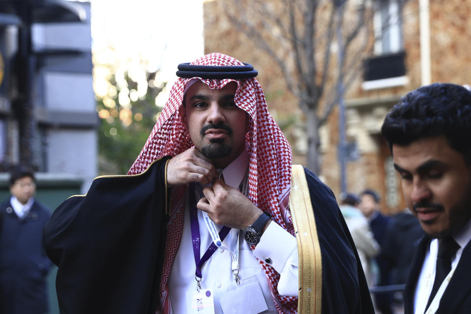 Faisal bin Abdulaziz bin Ayyaf Al-Miqrin, mayor of the Riyadh, arrives to support the candidacy of Riyadh Tuesday, Nov. 28, 2023 in Issy-les-Moulineaux, outside Paris. In a high-profile showdown, Rome, Busan, and Riyadh are the top contenders as the Bureau International des Expositions (BIE) prepares to vote on Tuesday in Paris for the host city of the 2030 World Expo. (AP Photo/Aurelien Morissard)