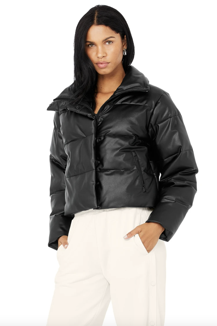 black Faux Leather Gold Rush Puffer alo yoga