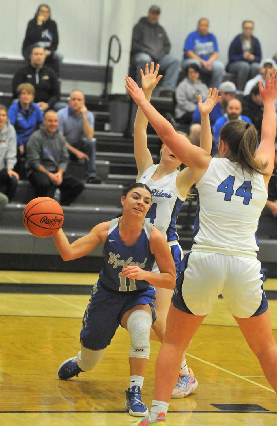 Wynford's Reese McGuire kicks the ball out to a teammate on the wing.