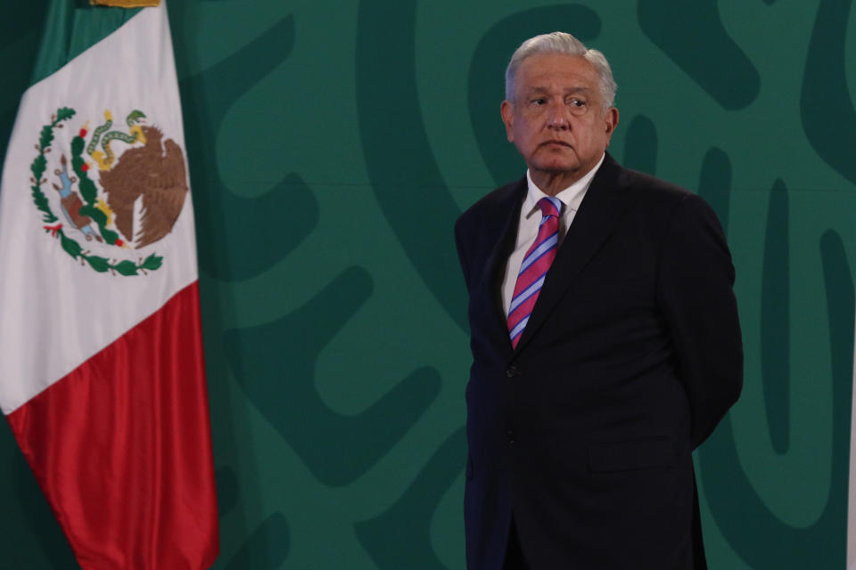 MEXICO CITY, MEXICO - JULY 8, 2021: Mexicos President Andres Manuel Lopez Obrador gesticulates while offers a speech to media at National Palace on July 8, 2021 in Mexico City, Mexico. (Photo credit should read Ismael Rosas/ Eyepix Group/Barcroft Media via Getty Images)