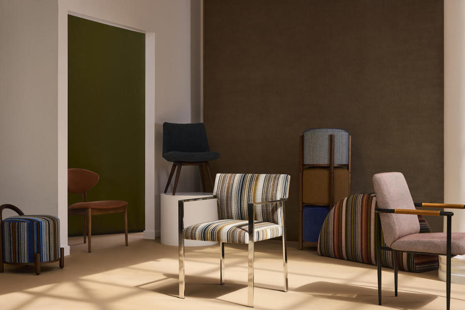 Selections from the Deep Connections collection by HBF Textiles, including a chair upholstered in Agate Stripe in Shadow Agate