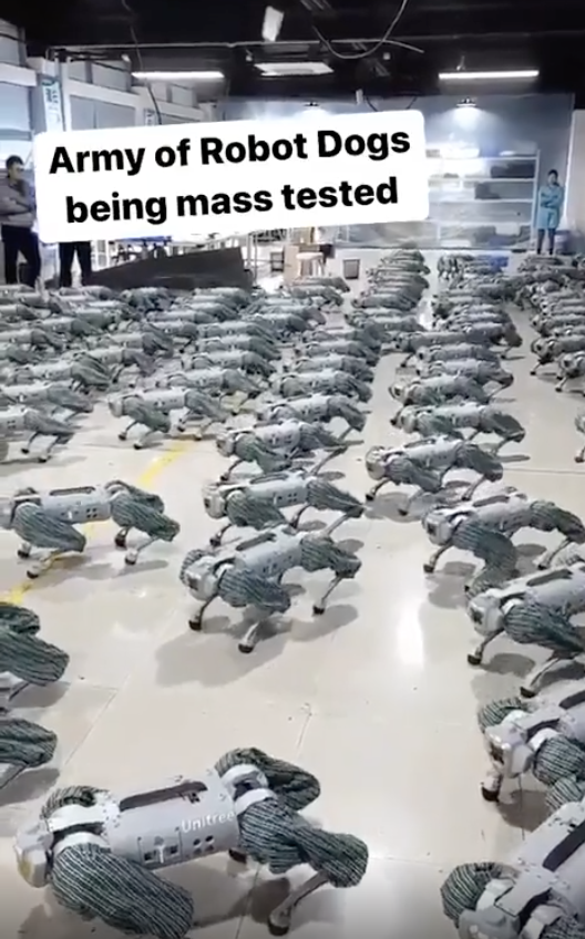 Several robot dogs being tested in an industrial facility with people in the background.  The text says: "Army of Robot Dogs being tested en masse."