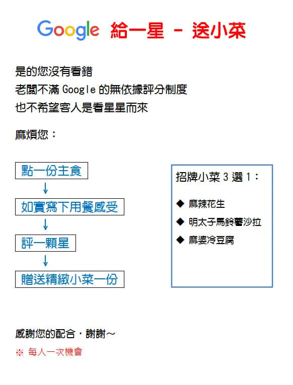 ▲老闆不希望客人是看星星評分而來造訪，因此要客人能在評論中如實寫下用餐感受，並給出一顆星。（圖／翻攝自臉書）