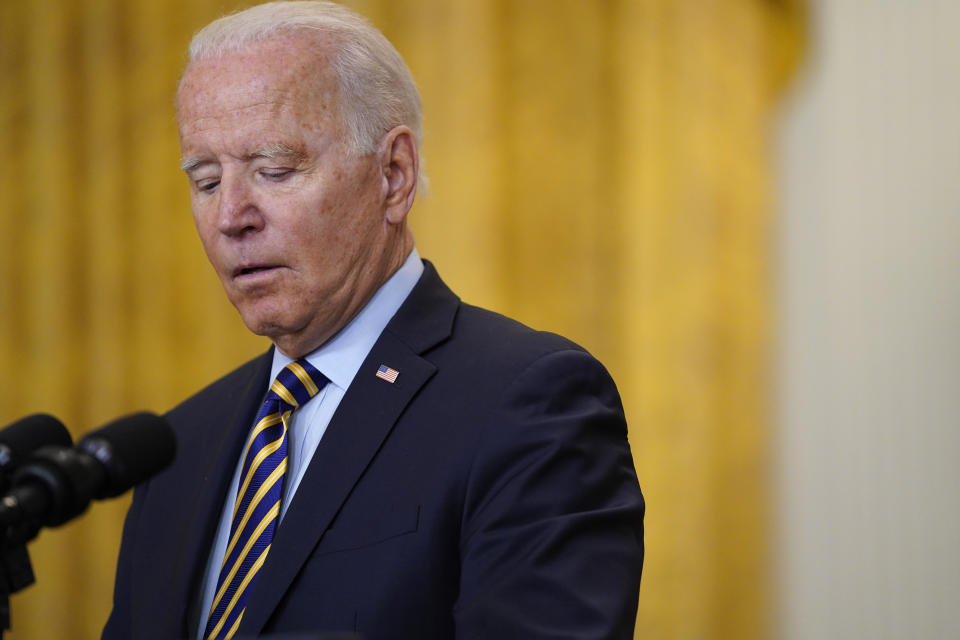 FILE - In this July 8, 2021, file photo President Joe Biden pauses as he speaks about the American troop withdrawal from Afghanistan, in the East Room of the White House in Washington. President Joe Biden speaks volumes when he whispers. And his whispers during recent public appearances are attracting attention. The White House and communications experts say it's Biden's way of trying to make a connection while emphasizing a point. (AP Photo/Evan Vucci, File)