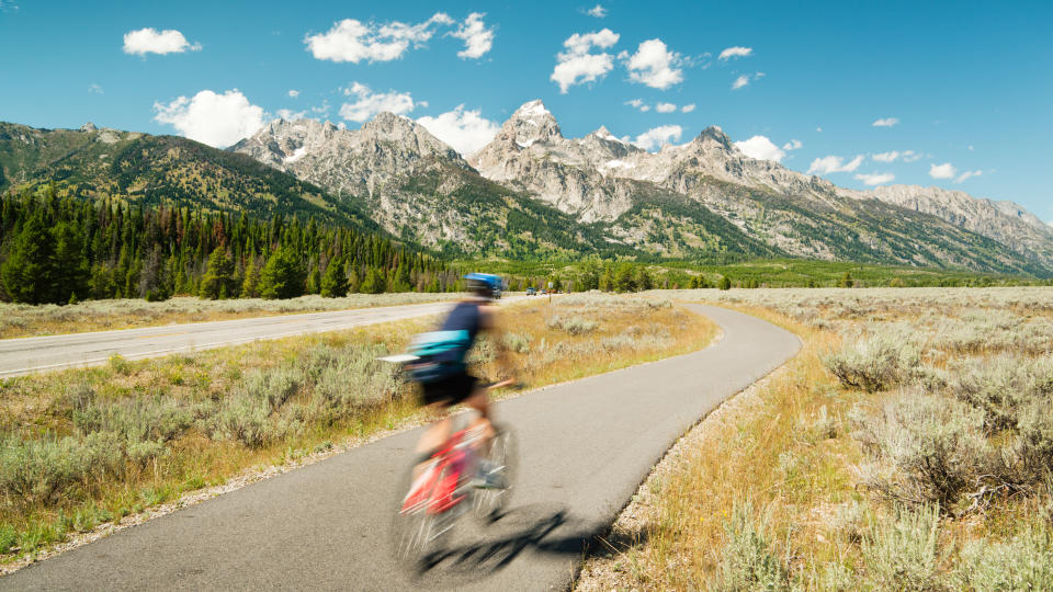 Subject: Mountain biking in the Grand Teton National Park of USA.