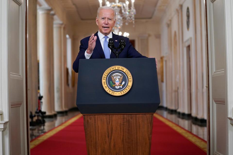 President Joe Biden speaks about the end of the war in Afghanistan from the State Dining Room of the White House, Tuesday, Aug. 31, 2021, in Washington.