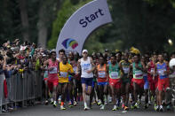 Runners start the marathon at the World Athletics Championships Sunday, July 17, 2022, in Eugene, Ore. (AP Photo/Gregory Bull)