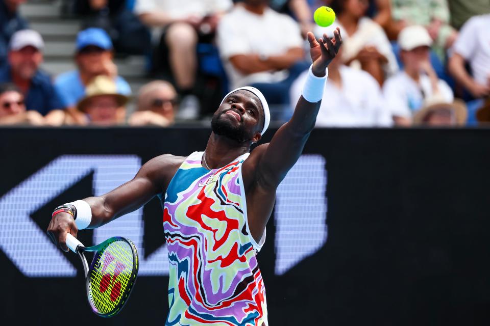 American Frances Tiafoe, the No. 16 seed, serves during his first-round victory over Germany's Daniel Altmaier.