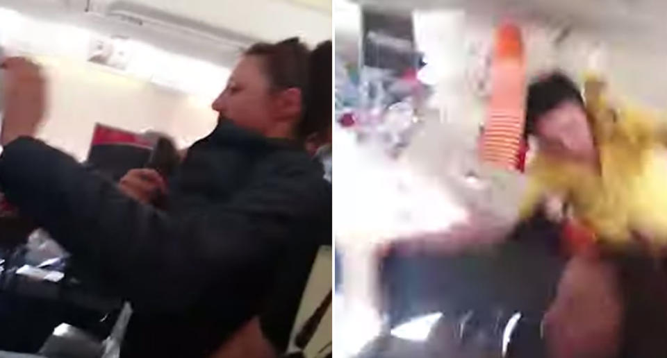 Passengers on board an ALK Airlines flight to France prepare for turbulence before an air hostess (right) is sent flying and hits the ceiling. Source: Storyful