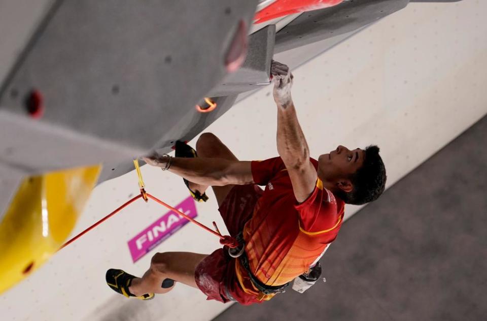 Alberto Ginés López of Spain during the sport climbing today.