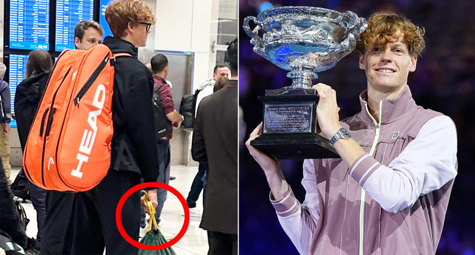 Pictured left is Jannik Sinner carrying the Australian Open men's trophy through security at Dubai Airport. 