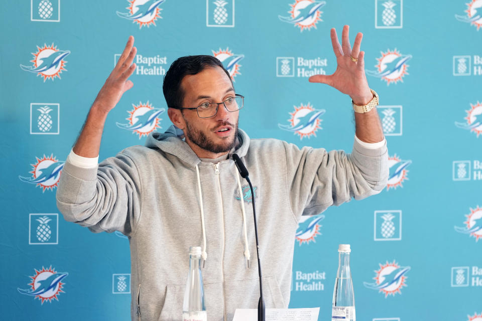 Miami Dolphins head coach Mike McDaniel speaks with media before a practice session in Frankfurt, Germany, Friday, Nov. 3, 2023. The Miami Dolphins are set to play the Kansas City Chiefs in a regular season NFL game in Frankfurt on Sunday. (AP Photo/Doug Benc)