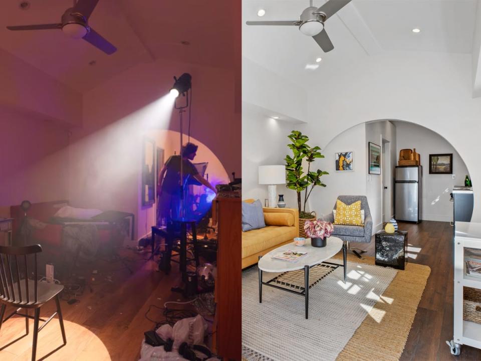 A side by side image of writer-director Bo Burnham in "Inside" and a real estate photo of the guest house where the special was filmed.