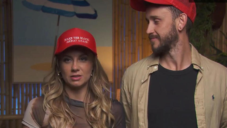 Kristy and Brett in 'Make The Block Great Again' hats on The Block 2023