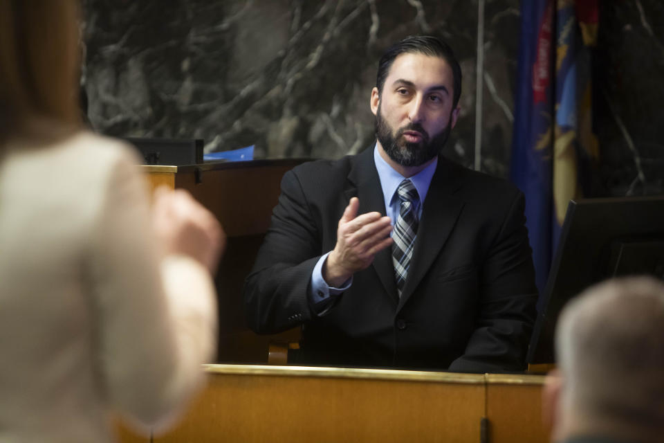 Lieutenant Sam Marzban of the Oakland County Sheriff's Office testifies during a trial for Jennifer Crumbley at the Oakland County Courthouse on Wednesday, Jan. 31, 2024, in Pontiac, Mich. Crumbley is charged with involuntary manslaughter. (Katy Kildee/Detroit News via AP, Pool)