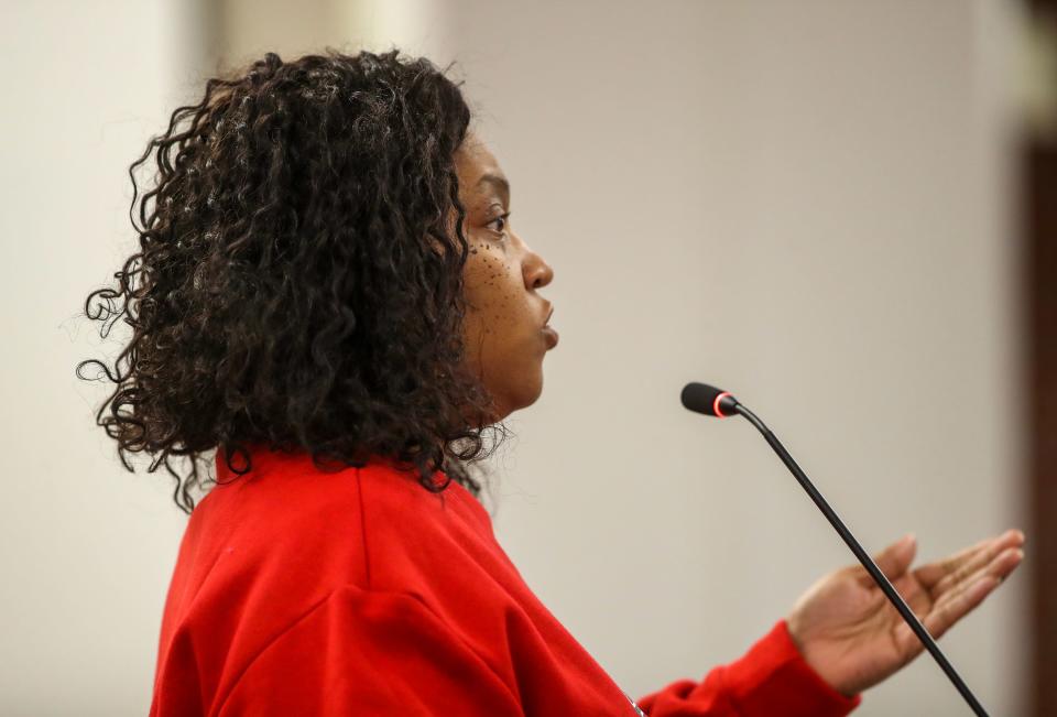 Frances Sowells addresses the JCPS Board during a school board meeting on Tuesday, February 13, 2024