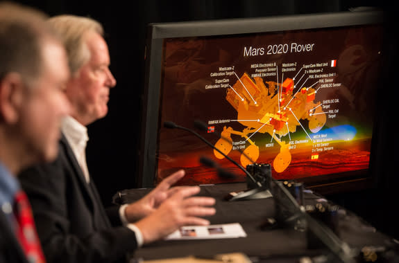 Michael Meyer, lead scientist for NASA's Mars Exploration Program, discusses the science instruments that will ride on the agency's next huge rover on the Mars 2020 mission during a press conference on July 31, 2014 at NASA headquarters in Wash