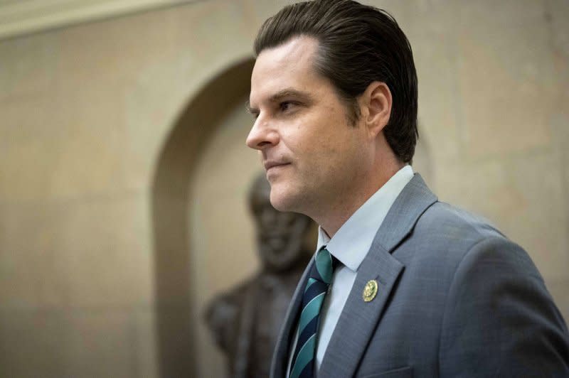 Rep. Matt Gaetz, R-Fla., walks through the first floor of the Capitol after attending a House Republican members meeting on Thursday. Photo by Bonnie Cash/UPI