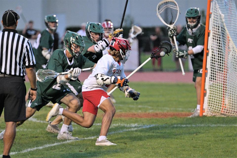 St. Andrew's Nick Testa cuts in toward goal against Pine Crest during the regional championship. Testa scored three goals in the contest to help lead the Scots offense on Apr, 29, 2023.