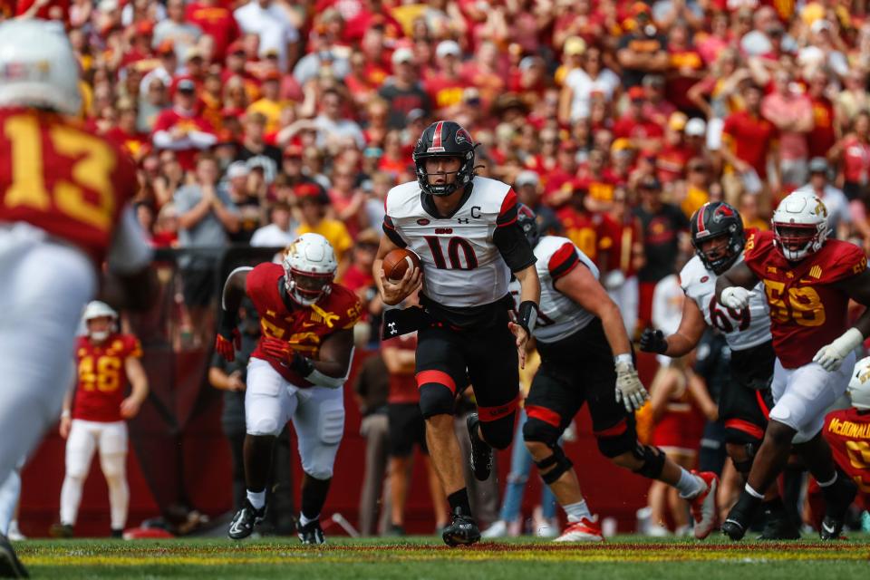 Southeast Missouri State quarterback Paxton DeLaurent (10) runs with the ball during the Iowa State, Southeast Missouri State game on Saturday, September 3, 2022 at Jack Trice Stadium in Ames, Iowa. The Cyclones are up 21-10 against the Redhawks.