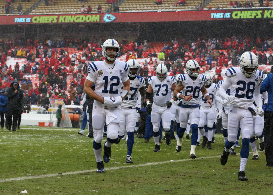 KANSAS CITY, MO - JANUARY 12: Indianapolis Colts quarterback Andrew Luck (12) runs off the field after warmups in an AFC Divisional Round playoff game game between the Indianapolis Colts and Kansas City Chiefs on January 12, 2019 at Arrowhead Stadium in Kansas City, MO.  (Photo by Scott Winters/Icon Sportswire via Getty Images)