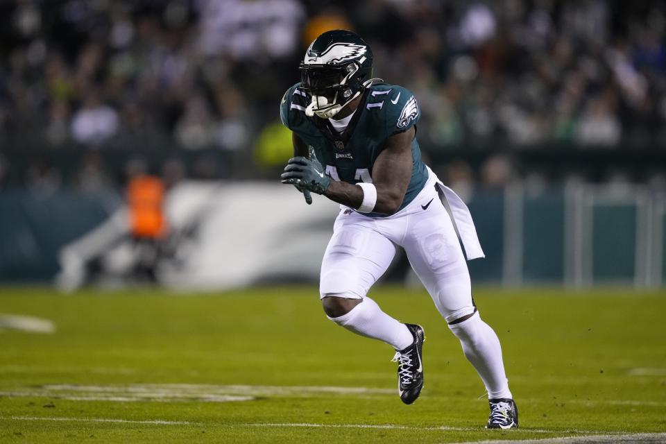 Philadelphia Eagles wide receiver A.J. Brown runs a route against the New York Giants during the first half of an NFL divisional round playoff football game, Saturday, Jan. 21, 2023, in Philadelphia. (AP Photo/Matt Rourke)