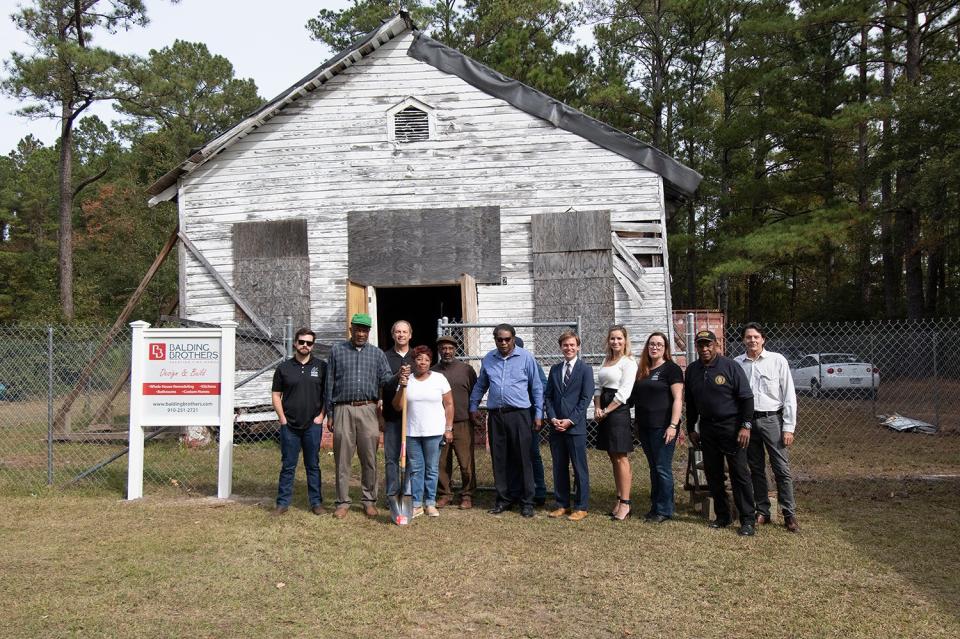 Partners from Cedar Hill/West Bank Foundation, NC Coastal Land Trust, Historic Wilmington Foundation, and Balding Brothers in front of Reaves Chapel, just after the Nov. 10 groundbreaking ceremony marking the commencement of the chapel’s long-awaited restoration.