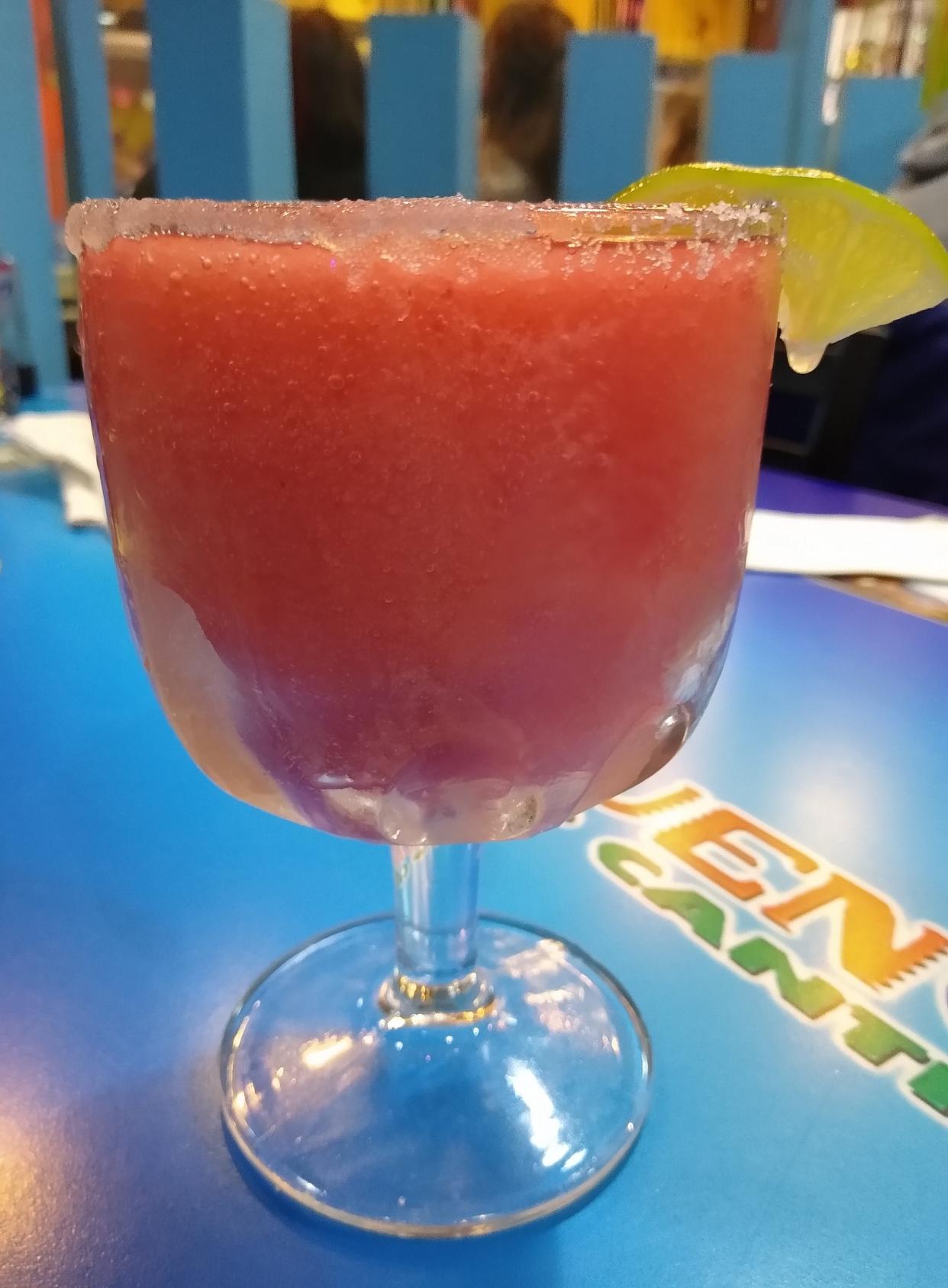 A small raspberry margarita is served at Mucho Bueno’s in Brunswick. Margarita Azul, strawberry, melon, lemon lime, mango and guava are other flavor options.