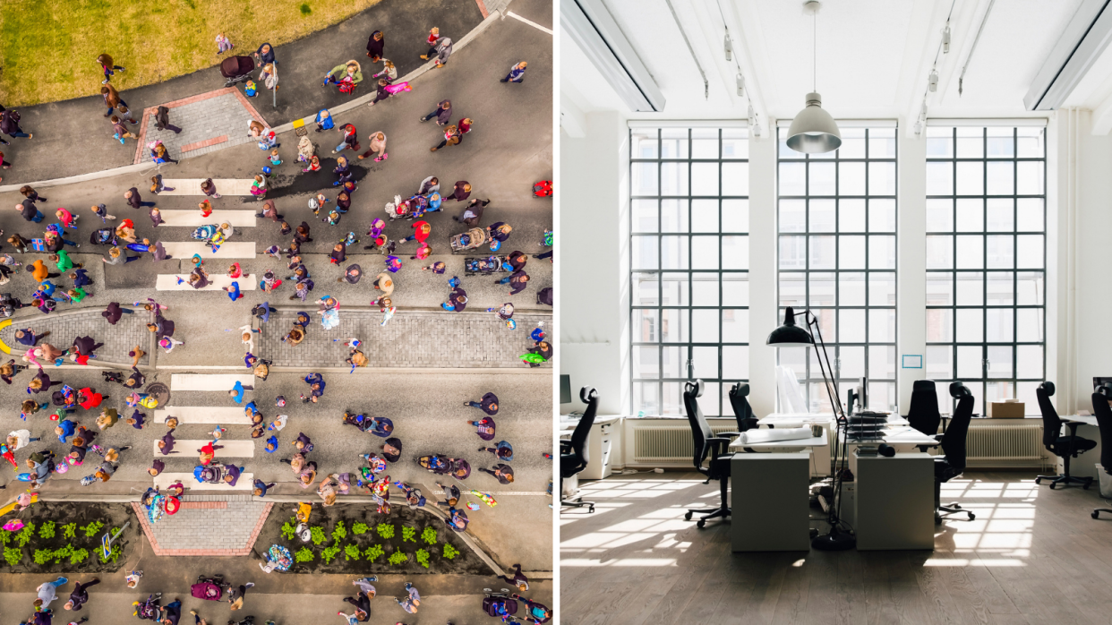 Aerial view of pedestrians in Reykvavik, empty office space. 