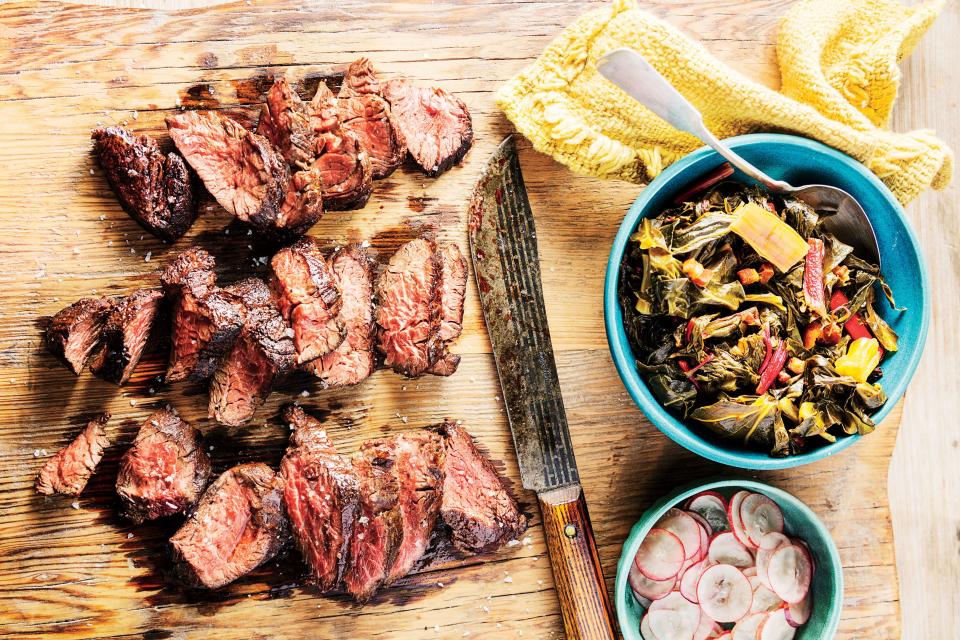 Seared Hanger Steak with Braised Greens and Grapes