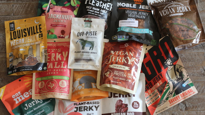 Vegan jerky brands on table