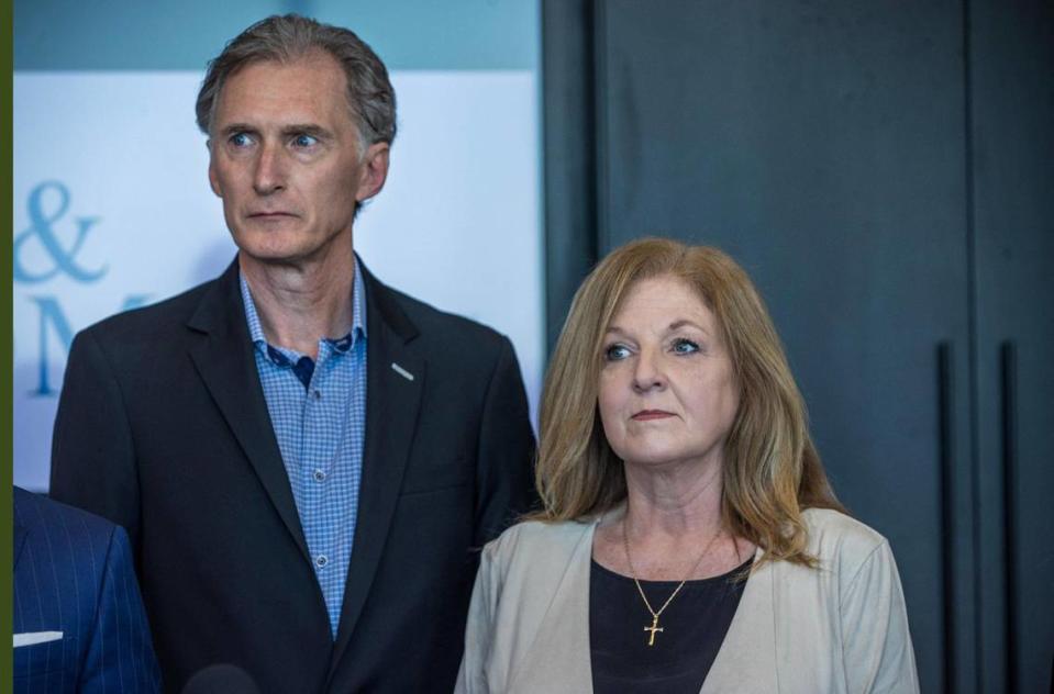 Deborah and Kim Clenney, the parents of Courtney Clenney, the OnlyFans model accused of killing her boyfriend, attend a press conference in Coconut Grove Wednesday, Feb. 7, 2024, at their lawyer’s office. They were booked into jail in Miami Tuesday, after being extradited from Texas, for allegedly hacking into the computer of their daughter’s former boyfriend, whom she’s accused of killing.