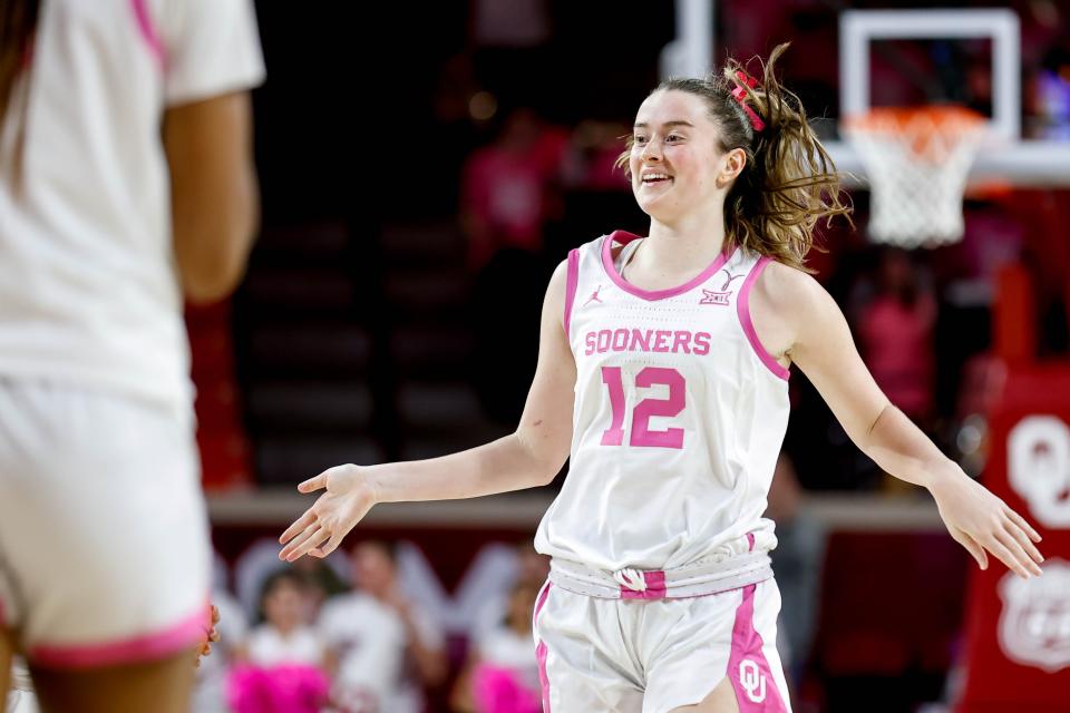 Oklahoma guard Payton Verhulst (12) celebrates a turnover in the third quarter during an NCAA basketball game between University of Oklahoma (OU) and Baylor University, in Norman Okla., on Wednesday, Feb. 14, 2024.