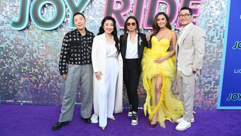 Sabrina Wu, Sherry Cola, director Adele Lim, Ashley Park and Daniel Dae Kim pose at the LA premiere of “Joy Ride” (Credit: Getty Images)